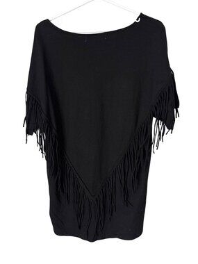 Lovely J Tunic Top Size Small Fringe Trim Short Sleeve Solid Black Cotton Casual